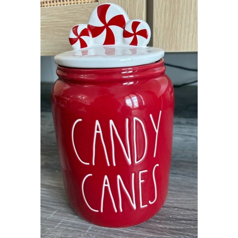 Rae Dunn Candy Canes Red Christmas Canister Peppermint Lid